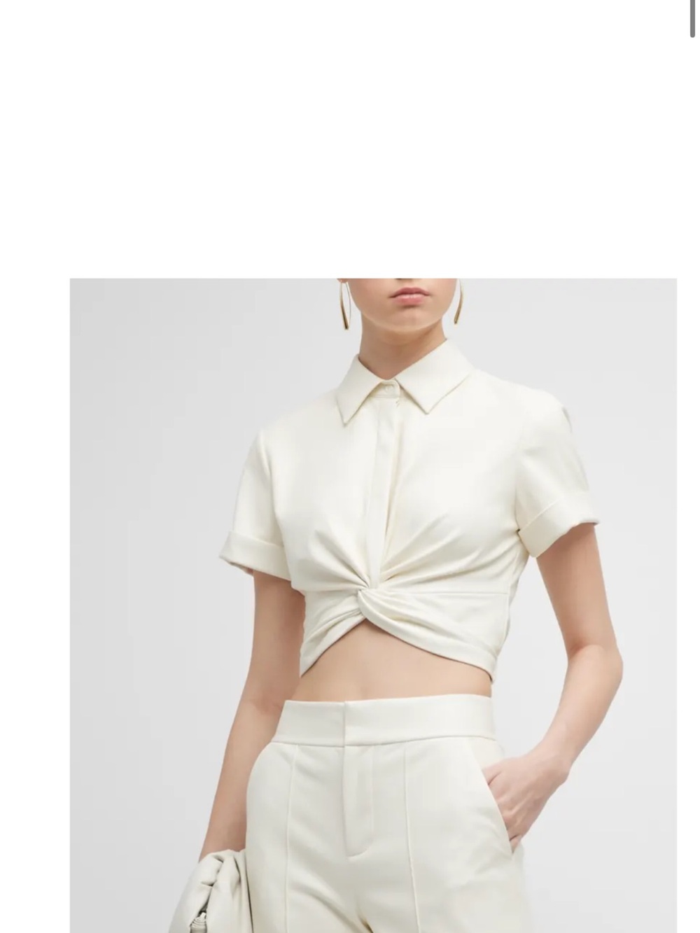 Alice + Olivia Cream Twist-Front Cropped Collared Top